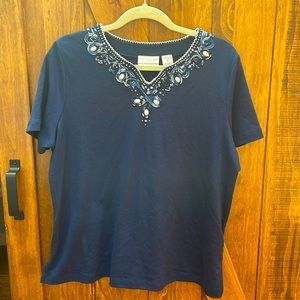 Alfred Dunner M navy blue beaded tee